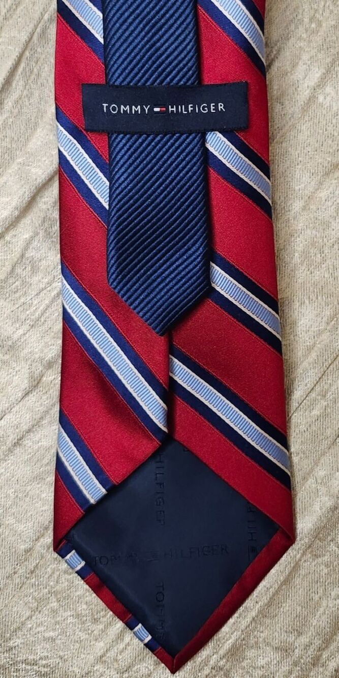 Tommy Hilfiger Silk Tie Red Striped Front with Solid Navy Contrast Repp Preppy